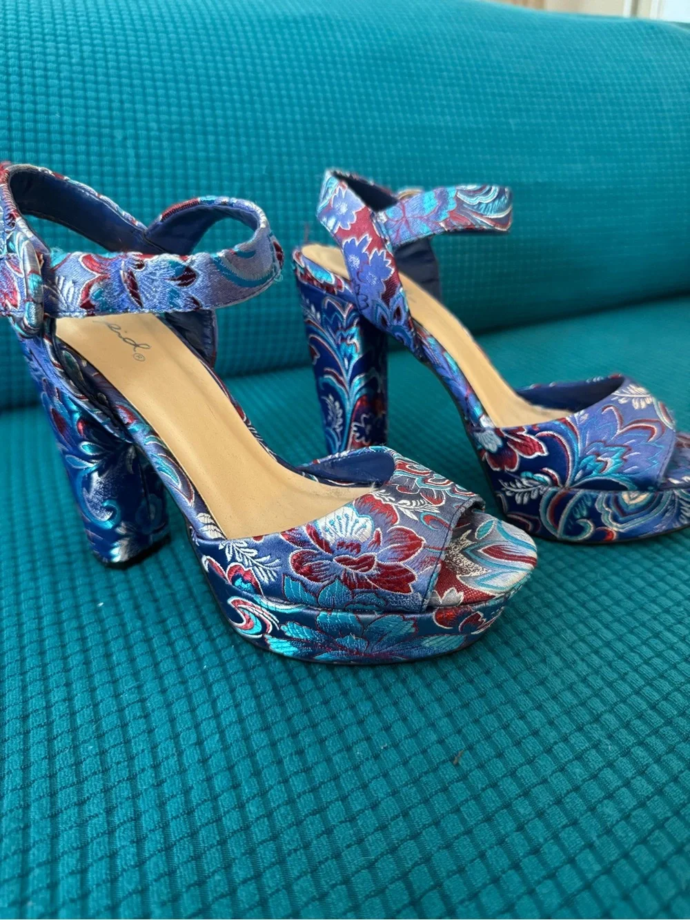 Blue Floral Brocade Platform Heels Ankle Strap Chunky Y2K